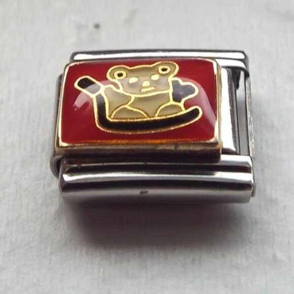 Teddy bear teapot on red enamel 9mm stainless steel italian charm bracelet link - Picture 1 of 2